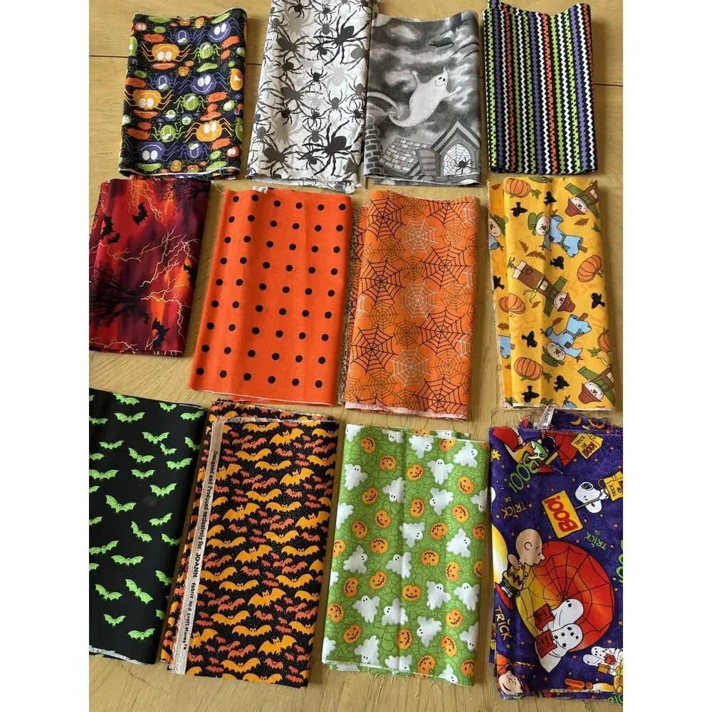 Lot 12 Halloween Cotton Fabric Destash Prints Cats Bats Ghosts Snoopy 42”x10”